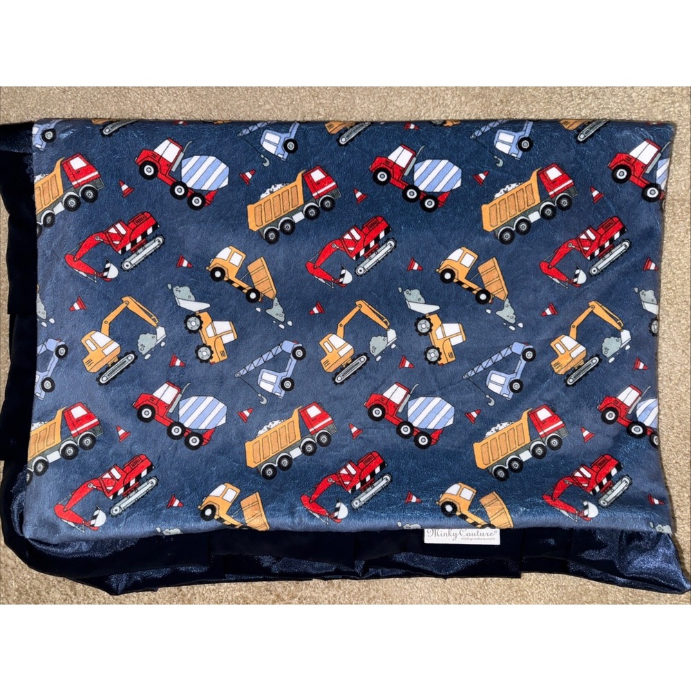 Minky Couture Construction Zone Baby Blanket w/‎ Blue Satin Lovey Tween 36x50